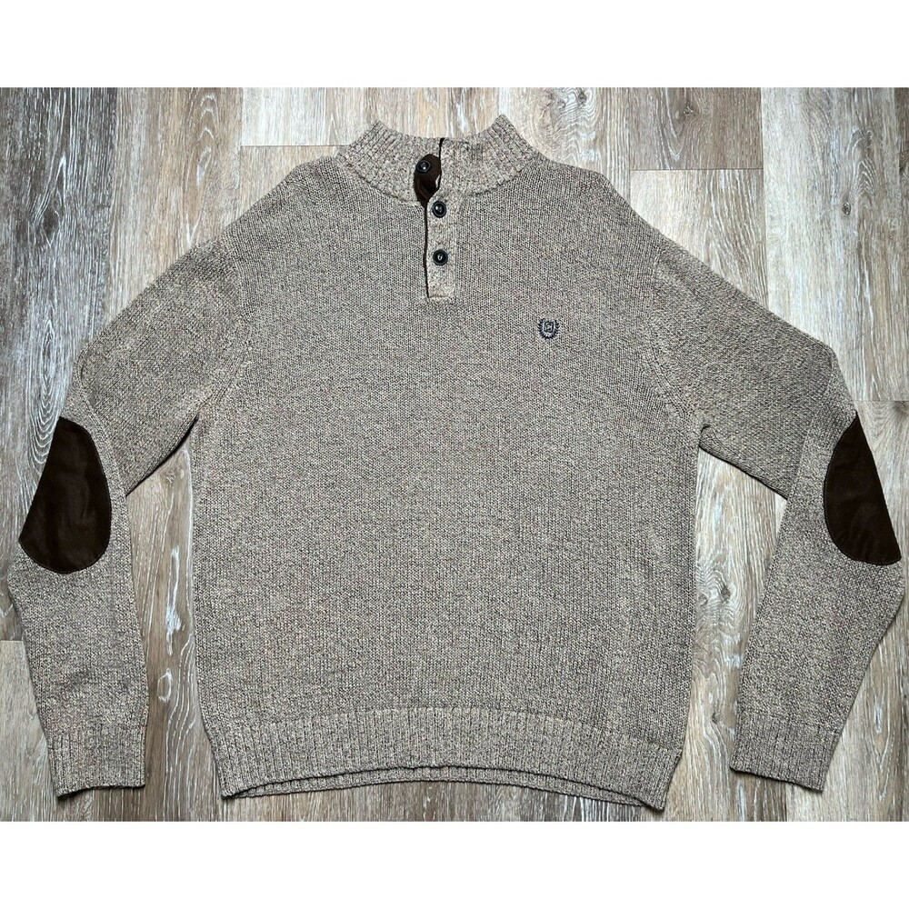 Chaps Sweater Mens XL Brown Cotton Knit Mock Neck Leather Elbow Patch